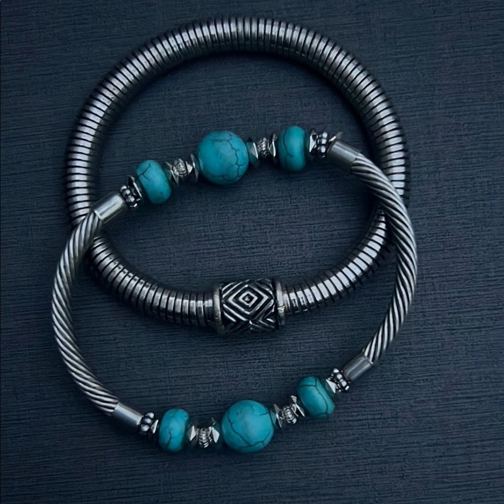 Set of 2 Silver & Turquoise Beaded Bracelets Boho Western Southwestern Jewelry